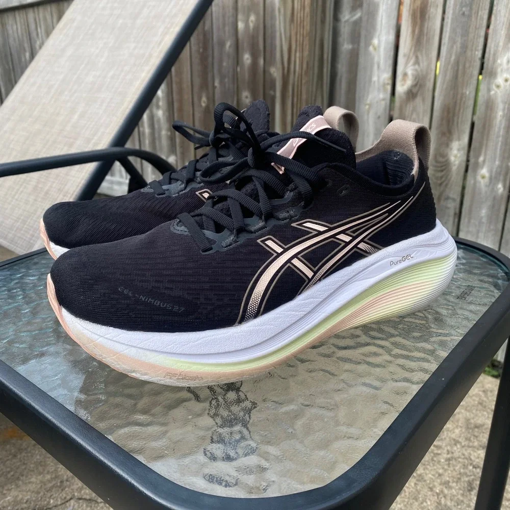 ASICS Gel-Nimbus 27 Womens Running Shoes Size 8.5 Black Rose Gold 1012B753 Gym
